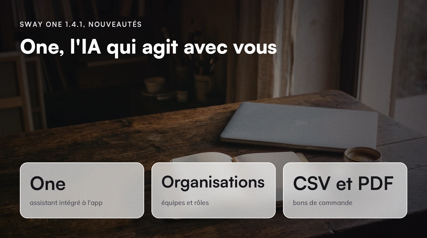 Sway One 1.4.1 : One, l'IA qui agit avec vous. Assistant intégré à l'app ; organisations et équipes ; bons de commande en CSV et PDF