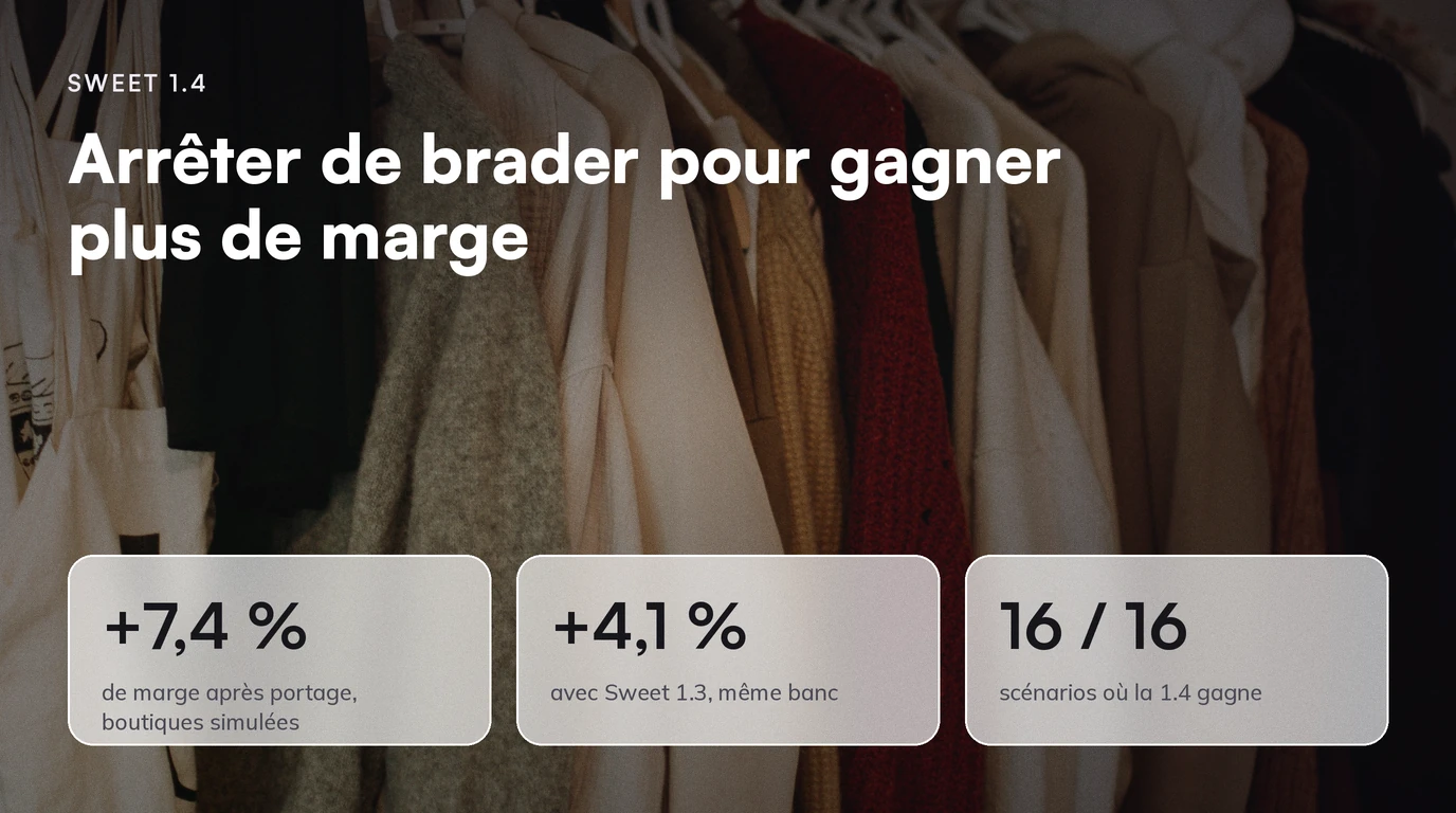 Sweet 1.4 : Arrêter de brader pour gagner plus de marge. +7,4 % de marge après portage, boutiques simulées ; +4,1 % avec Sweet 1.3, même banc ; 16 / 16 scénarios où la 1.4 gagne